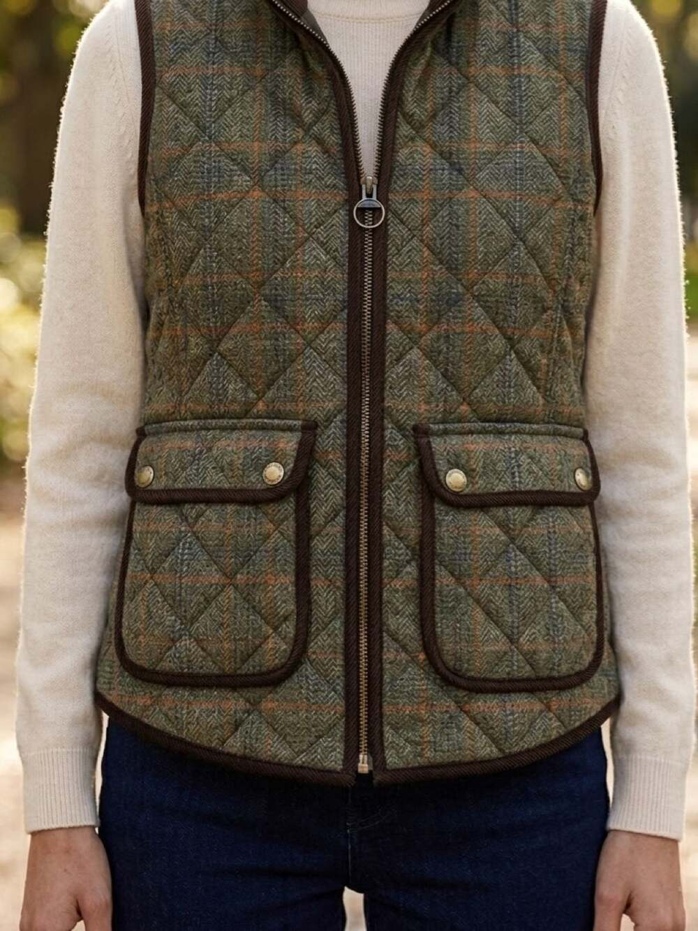 Willi Smith Quilted Plaid Vest Brown Tan